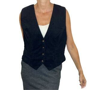 Minimalist black felt tailored fitted princess seam gold button vest waistcoat